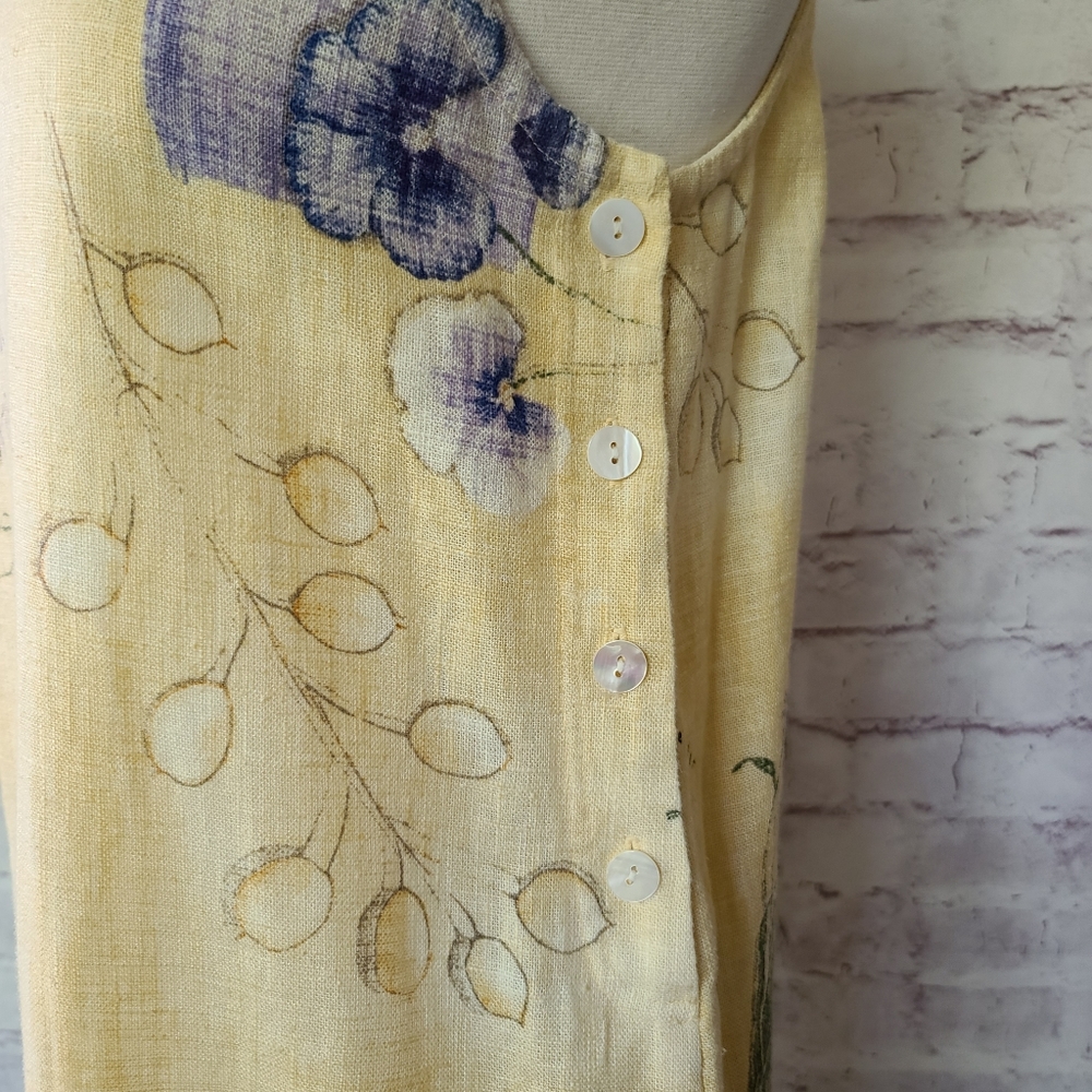 Vintage Sweet Jessie Yellow Botanical Print 100% Linen Tank Maxi Dress Medium - Picture 5 of 10
